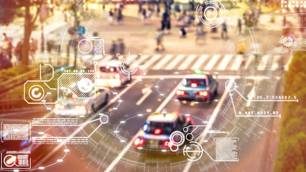 An Artificial Intelligence program scans a city street in Tokyo, Japan.