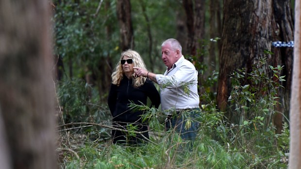 Mark and Faye Leveson, the parents of Matthew Leveson are given access for the first time to the site where NSW Police and National Parks and Wildlife officers continue to excavate where it is believed Matthew Leveson is buried in the Royal National Park. (AAP)