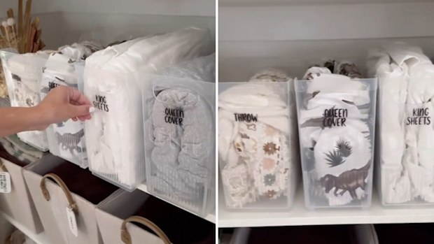 Corinee Mayfair uses narrow fridge organisers to store bedding in her linen cupboard.