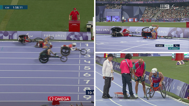 The men's T54 5000m was marred by a nasty crash between Thailand's Putharet Khongrak and the USA's Brian Siemann right at the finish line.