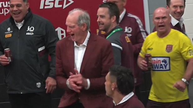 Wayne Bennett celebrating in the sheds