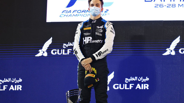 Australia's Oscar Piastri on the podium after winning race two of the Bahrain F2 weekend.
