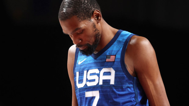 Kevin Durant of Team United States walks off the court with his head down after the United States lost to France in the Men's Basketball Preliminary Round Group B game.