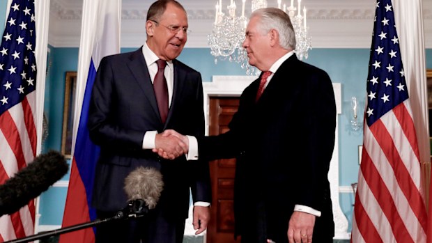 Secretary of State Rex Tillerson shakes hands with Russian Foreign Minister Sergey Lavrov at the State Department in Washington. (AAP)