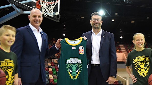 Simon Brookhouse, CEO of the JackJumpers and Peter Gutwein, Premier of Tasmania pose with the new playing strip