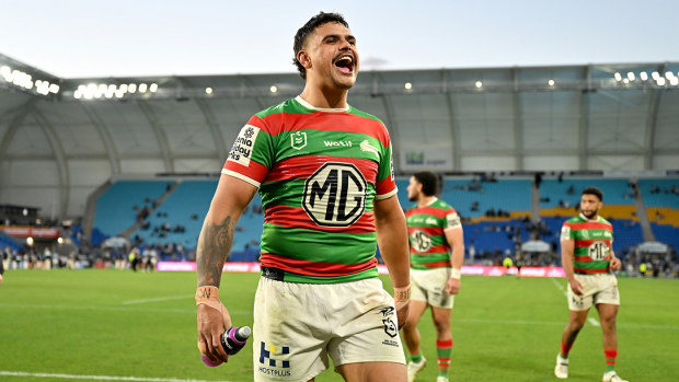 Latrell Mitchell celebrating the Rabbitohs' win over the Titans on the Gold Coast.