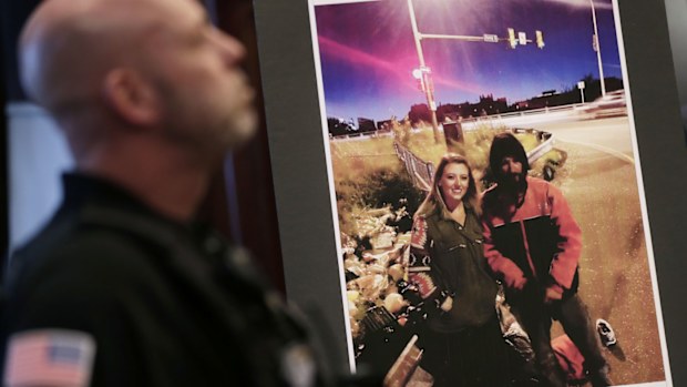 A picture of Katelyn McClure and Johnny Bobbitt Jr. is displayed during a news conference in New Jersey.