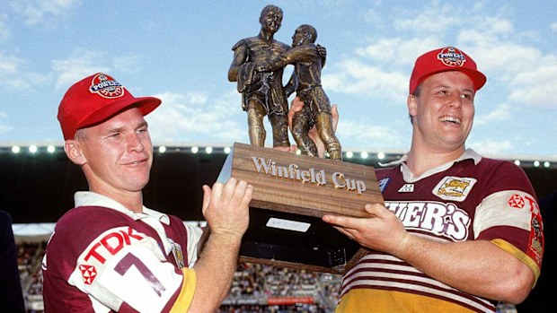 Allan Langer and Glenn Lazarus of the Broncos holds aloft the premiership trophy after winning the 1992 NSWRL Grand Final.