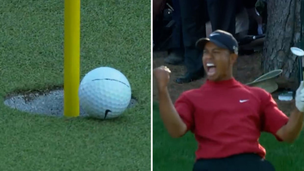 Tiger Woods celebrates a birdie at the 16th hole during the final round of the 2005 Masters.