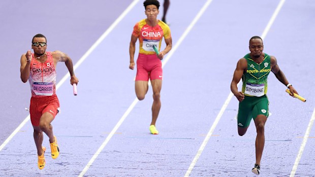 Canadian Andre De Grasse anchoring his country to gold in the men's 4x100m relay in Paris.
