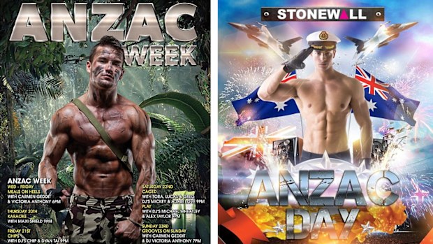 The ad for the Anzac event at The Colombian Hotel (left) and a similar ad from another Oxford St venue, Stonewall Hotel that has attracted controversy.