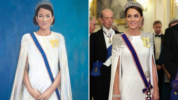 A new portrait of the Princess of Wales on the cover of Tatler magazine (left) Princess of Wales at South Korea State Banquet at Buckingham Palace (right)