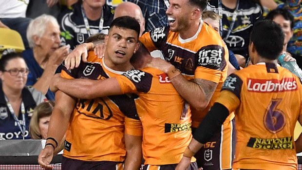  David Fifita of the Broncos celebrates after scoring a try