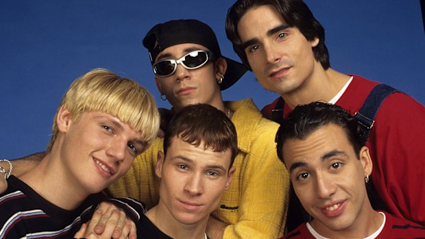 From left, American vocalists Nick Carter, Brian Littrell, AJ McLean, Kevin Richardson, and Howie Dorough, of the group the Backstreet Boys, attend a photo shoot, New York, 1997. (Photo by Larry Busacca/WireImage)