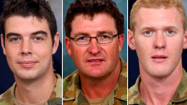 Sapper James Martin (left), Lance Corporal Stjepan Milosevic, and Private Robert Poate (right) all died in the ambush.