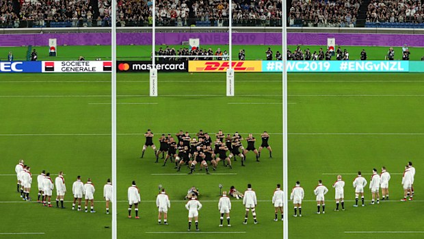 England responds to the haka prior to the World Cup semi final against New Zealand.