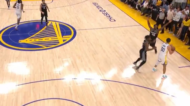 Curry was double-teamed in the backcourt and turned to the referee to call a timeout, not realising the Warriors were out