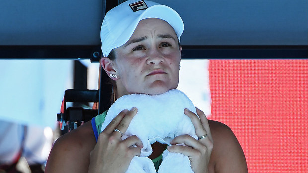 Ashleigh Barty of Australia towels down between games during her Women's Singles Semifinal match against Sofia Kenin