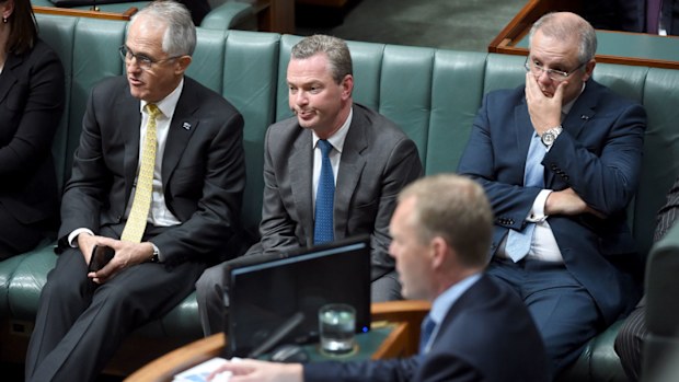 Prime Minister Malcolm Turnbull, Minister for Defence Industries Christopher Pyne and Treasurer Scott Morrison after the government lost two divisions in the House of Representatives. (AAP)