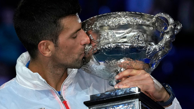 Novak Djokovic celebrates his Australian Open win over Stefanos Tsitsipas.