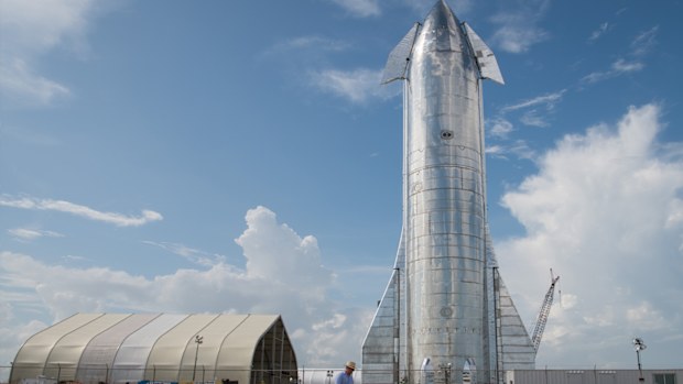 A prototype of SpaceX's Starship spacecraft is seen at the company's Texas launch facility