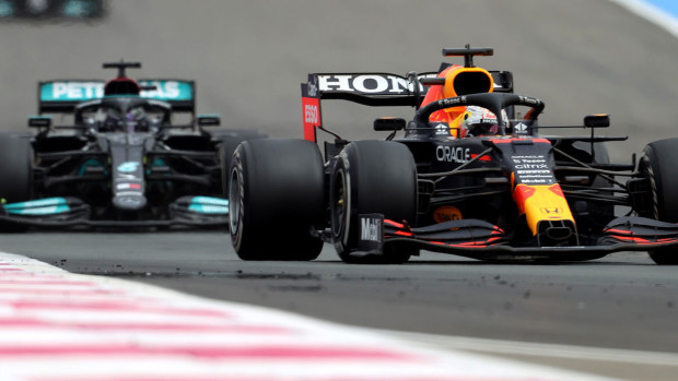 Max Verstappen leads Lewis Hamilton at the French Grand Prix.