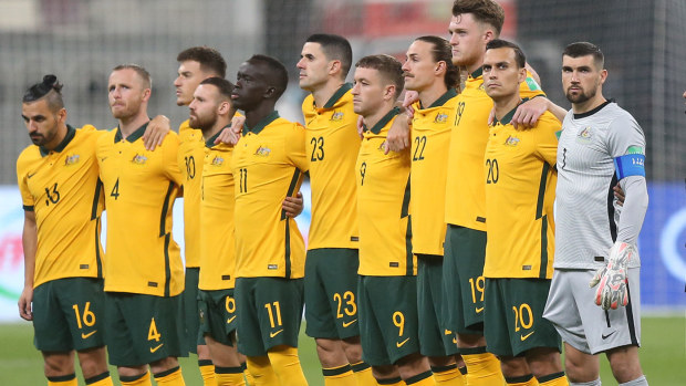 Australia's players pose for a group picture prior to the 2022 FIFA World Cup Qualifier match between Australia and Oman
