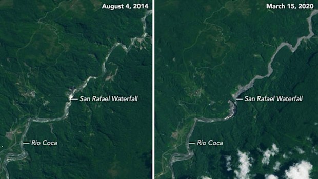 Images of the area near San Rafael Waterfall in Ecuador taken by the Landsat 8 satellite on August 4 2014 and March 13 2020