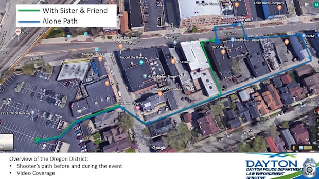 A subsequent map shows him walking alone back to his car.