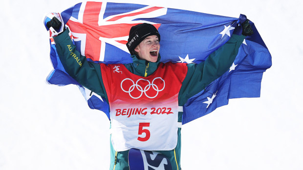Tess Coady of Team Australia celebrates winning the bronze medal after competing in the Women's Snowboard Slopestyle Final 