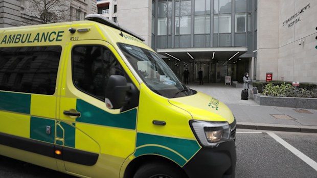 An ambulance leaves the St Bartholomew's Hospital where Britain's Prince Philip is being treated in London, Friday, March 5, 2021