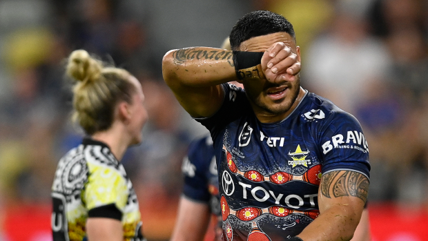 Valentine Holmes of the Cowboys is sent to the sin bin during the round 12 NRL match between North Queensland Cowboys and Wests Tigers at Qld Country Bank Stadium, on May 24, 2024, in Townsville, Australia. (Photo by Ian Hitchcock/Getty Images)