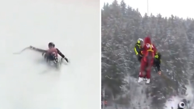 Lindsey Vonn es trasladada en avión después del accidente.