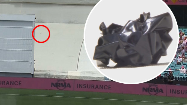This piece of tape on the sight screen caused a delay on the third morning of the Sydney Test between Australia and Pakistan.