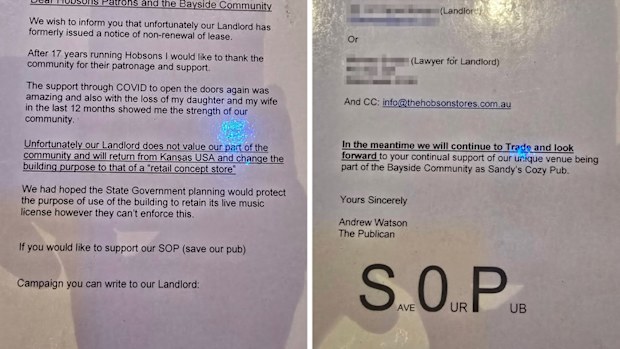 This letter was posted outside Hobson's and included the personal email address of the landlord.
