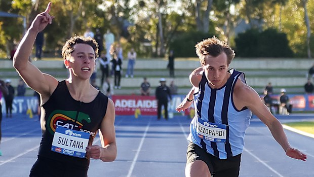 Sebastian Sultana (left) winning the men's 100m final ahead of Josh Azzopardi (right).