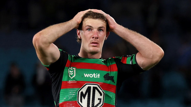 Campbell Graham of the Rabbitohs looks dejected after the round 27 NRL match between South Sydney Rabbitohs and Sydney Roosters at Accor Stadium on September 01, 2023 in Sydney, Australia. (Photo by Matt King/Getty Images)