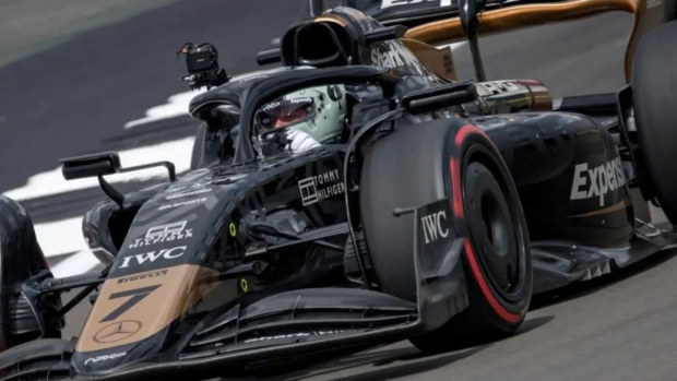 Brad Pitt at the wheel of a modified F2 car being used in the filming of a Hollywood F1 movie.