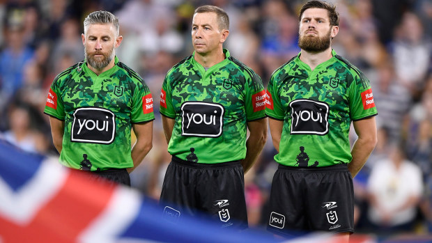 NRL Referees Phil Henderson, Ben Cummins and Darian Furner on Anzac Day.