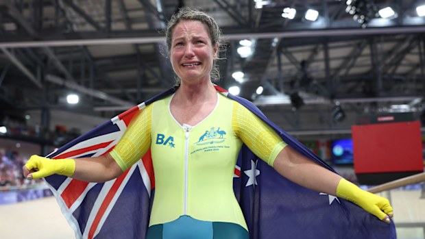 Emily Petricola sheds tears after winning Paralympic gold in Paris.