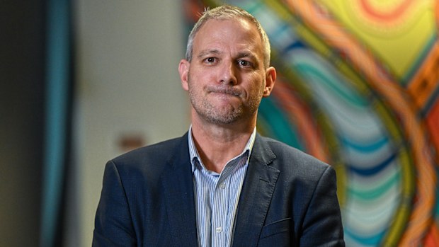 Brett Sutton at a media conference where he announced his resignation as Victoria's chief health officer in 2023.