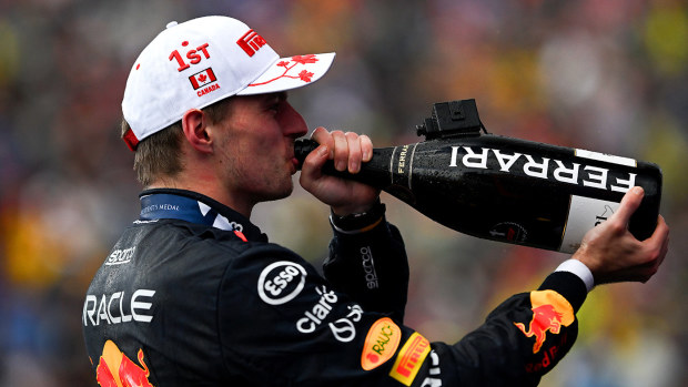 Race winner Max Verstappen of the Netherlands and Oracle Red Bull Racing celebrates on the podium after the F1 Grand Prix of Canada at Circuit Gilles Villeneuve on June 09, 2024 in Montreal, Quebec. (Photo by Mario Renzi - Formula 1/Formula 1 via Getty Images)