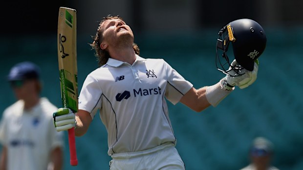 Will Pucovski of Victoria celebrates scoring a century during the Sheffield Shield match between New South Wales and Victoria at SCG, on February 18, 2024, in Sydney, Australia. (Photo by Cameron Spencer/Getty Images)