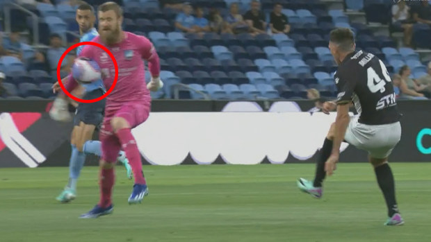Sydney FC goalkeeper Andrew Redmayne was shown a red card for this handball in the first half of the A-League match against Macarthur.