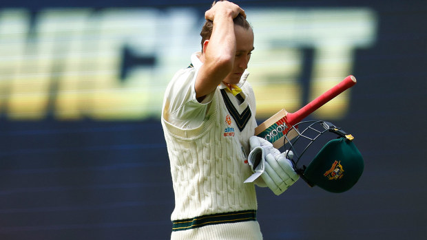Marnus Labuschagne of Australia looks dejected as he leaves the field after being dismissed by Mark Wood of England