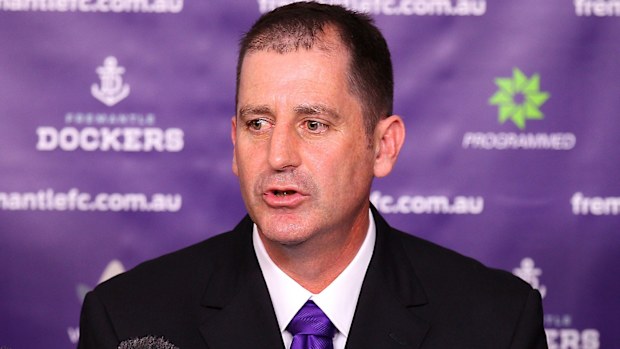 Ross Lyon pictured at his introductory press conference with Fremantle in 2011