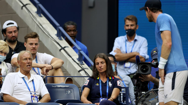 Andy Murray argues with supervisor Gerry Armstrong during his match against Stefanos Tsitsipas.