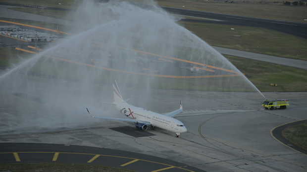 Rex Airlines' Melbourne service launch marked with a double water canon salute