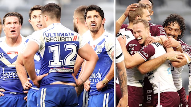 Bulldogs look dejected after their loss to Manly
