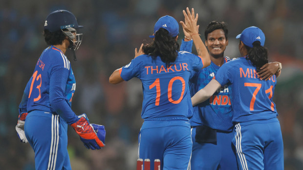 Deepti Sharma of India celebrates the wicket of Beth Mooney of Australia during game two of the women's T20I series between India and Australia at DY Patil Stadium on January 7, 2024 in Navi Mumbai, India. (Photo by Pankaj Nangia/Getty Images)